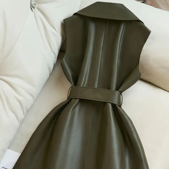 Olive Green Retro Lapel Collar Belted Jacket - Structured Sleeveless Coat - Picture 2 of 3